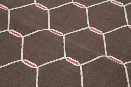 Geometric Duri Kahverengi Geometrik Pamuk Yün El Dokuma Halısı 111x164 Agacan