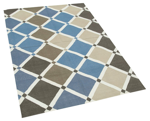 Geometric Duri Mavi Geometrik Pamuk Yün El Dokuma Halısı 106x161 Agacan