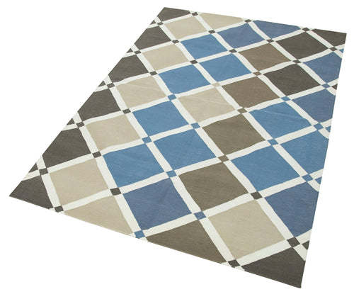 Geometric Duri Mavi Geometrik Pamuk Yün El Dokuma Halısı 106x161 Agacan