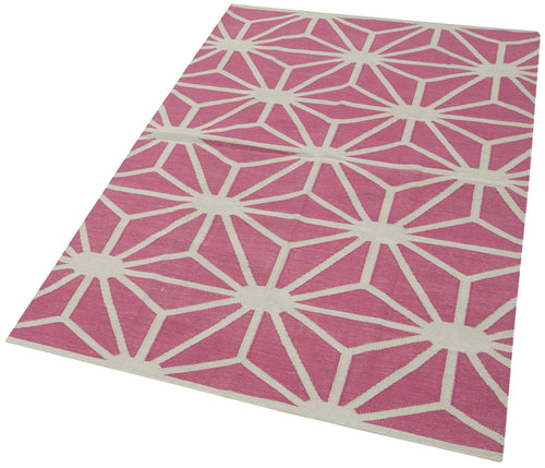 Geometric Duri Fuşya Geometrik Pamuk Yün El Dokuma Halısı 110x165 Agacan
