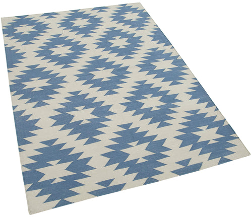 Geometric Duri Mavi Geometrik Pamuk Yün El Dokuma Halısı 112x164 Agacan
