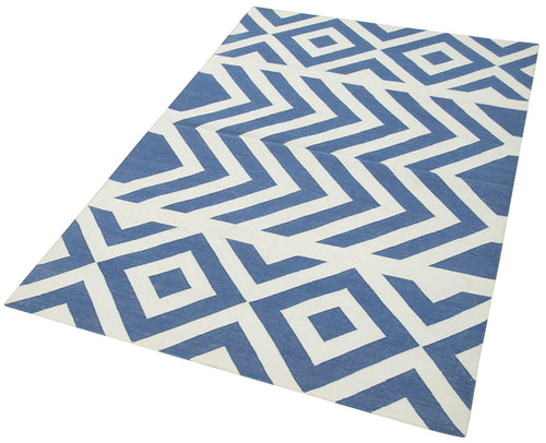 Geometric Duri Mavi Geometrik Pamuk Yün El Dokuma Halısı 110x165 Agacan