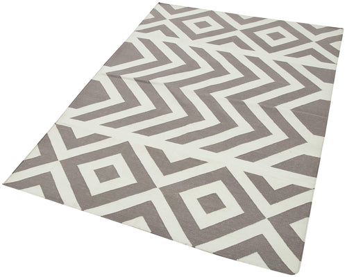Geometric Duri Kahverengi Geometrik Pamuk Yün El Dokuma Halısı 115x167 Agacan