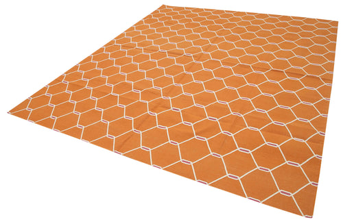 Geometric Duri Turuncu Geometrik Pamuk Yün El Dokuma Halısı 247x295 Agacan
