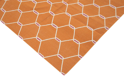 Geometric Duri Turuncu Geometrik Pamuk Yün El Dokuma Halısı 247x295 Agacan