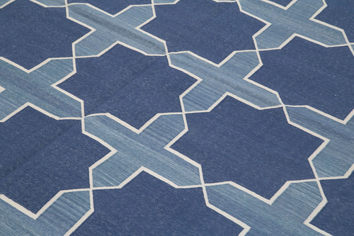 Geometric Duri Mavi Geometrik Pamuk Yün El Dokuma Halısı 250x300 Agacan