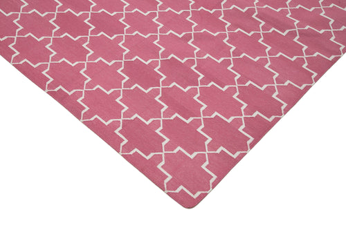 Geometric Duri Pembe Geometrik Pamuk Yün El Dokuma Halısı 275x360 Agacan