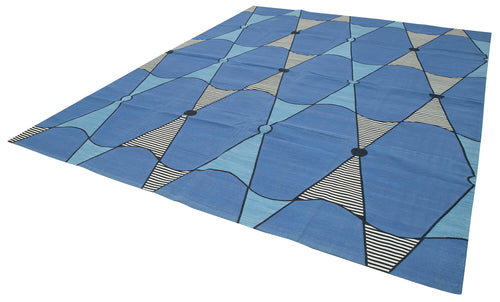 Geometric Duri Mavi Geometrik Pamuk Yün El Dokuma Halısı 283x357 Agacan