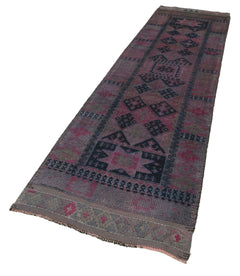Vintage Herki Mor Eskitme Pamuk Yün El Dokuma Halısı 95x350 Agacan