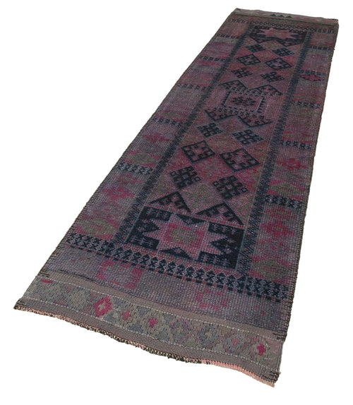 Vintage Herki Mor Eskitme Pamuk Yün El Dokuma Halısı 95x350 Agacan
