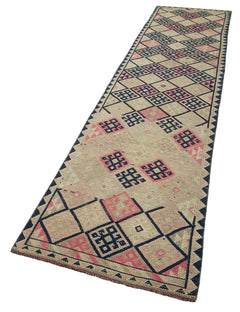 Vintage Herki Bej Eskitme Pamuk Yün El Dokuma Halısı 84x376 Agacan