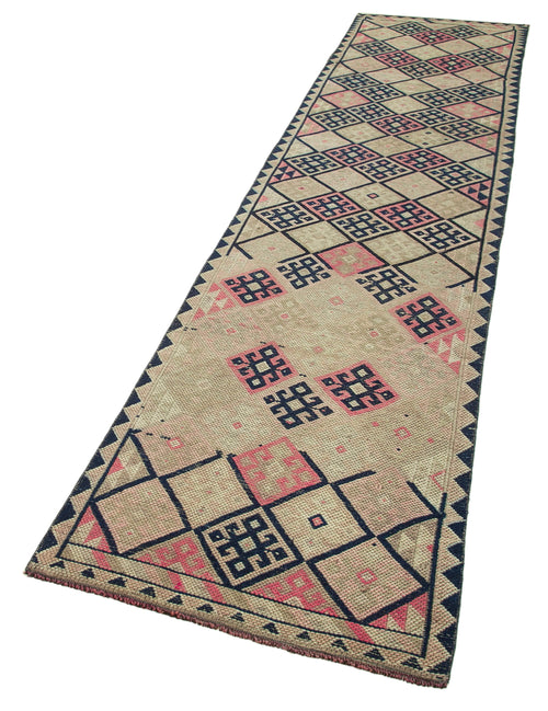 Vintage Herki Bej Eskitme Pamuk Yün El Dokuma Halısı 84x376 Agacan