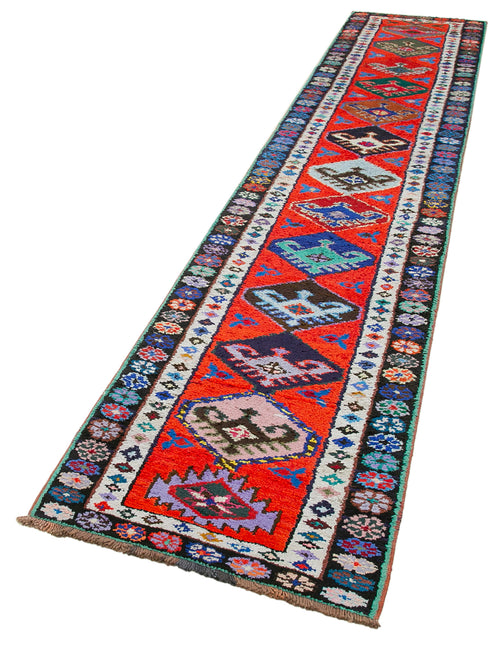 Vintage Herki Kırmızı Eskitme Pamuk Yün El Dokuma Halısı 80x396 Agacan