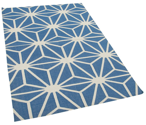 Geometric Duri Mavi Geometrik Pamuk Yün El Dokuma Halısı 111x167 Agacan