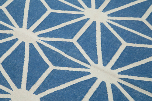 Geometric Duri Mavi Geometrik Pamuk Yün El Dokuma Halısı 111x167 Agacan