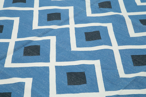 Geometric Duri Mavi Geometrik Pamuk Yün El Dokuma Halısı 303x415 Agacan