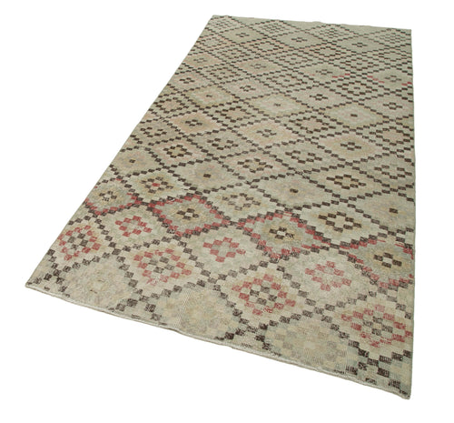 Checkered Kilim Bej Damalı Pamuk Yün El Dokuma Halısı 128x258 Agacan