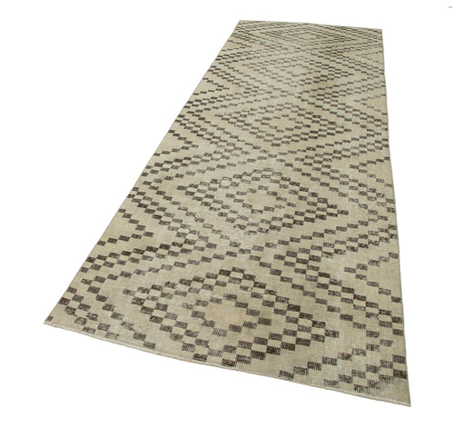 Checkered Runner Bej Geometrik Pamuk Yün El Dokuma Halısı 113x338 Agacan