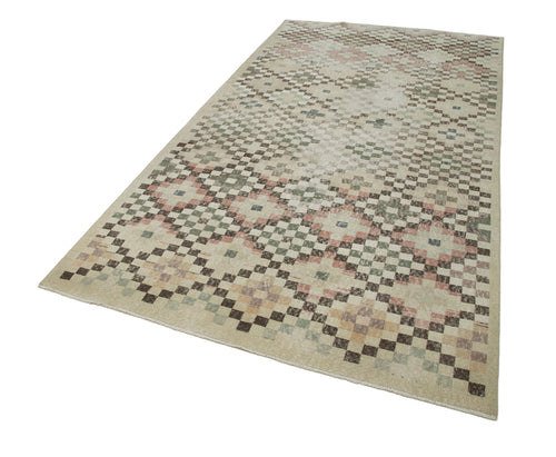 Checkered Kilim Bej Damalı Pamuk Yün El Dokuma Halısı 155x295 Agacan