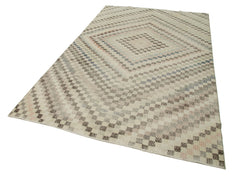 Checkered Kilim Bej Damalı Pamuk Yün El Dokuma Halısı 178x304 Agacan