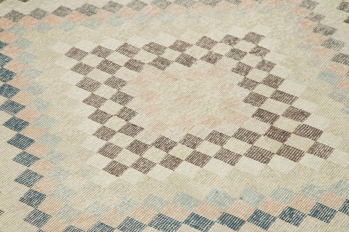 Checkered Kilim Bej Damalı Pamuk Yün El Dokuma Halısı 178x304 Agacan