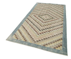 Checkered Kilim Bej Damalı Pamuk Yün El Dokuma Halısı 142x261 Agacan