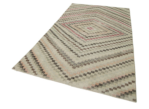 Checkered Kilim Bej Damalı Pamuk Yün El Dokuma Halısı 166x294 Agacan