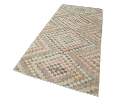 Checkered Kilim Bej Damalı Pamuk Yün El Dokuma Halısı 116x270 Agacan