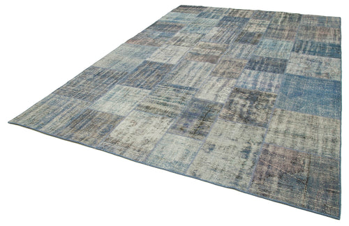 Kırk Yama Mavi Patchwork Pamuk Yün El Dokuma Halısı 245x353 Agacan