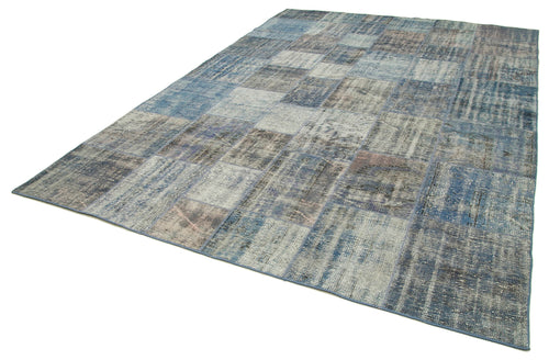 Kırk Yama Mavi Patchwork Pamuk Yün El Dokuma Halısı 247x356 Agacan