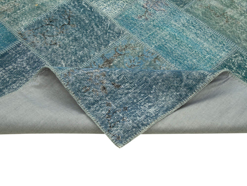 Kırk Yama Mavi Patchwork Pamuk Yün El Dokuma Halısı 254x353 Agacan