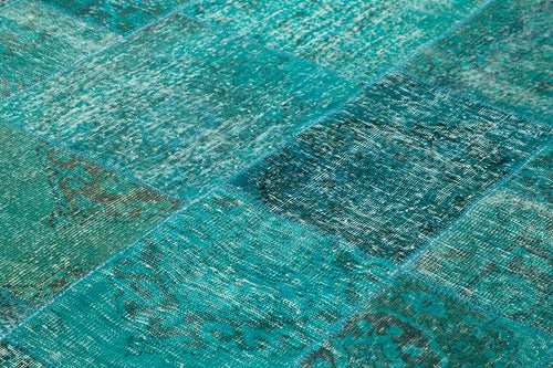 Kırk Yama Turkuaz Patchwork Pamuk Yün El Dokuma Halısı 251x351 Agacan