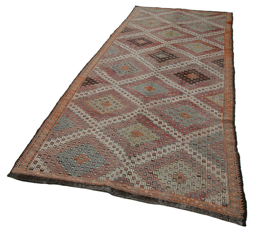 Geometric Kilim Bej Geometrik Keçi Tüyü El Dokuma Halısı 145x370 Agacan