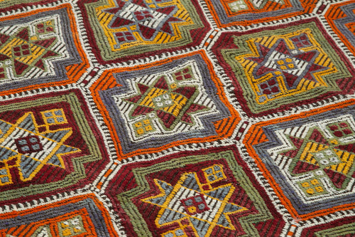 Geometric Kilim Beyaz Geometrik Keçi Tüyü El Dokuma Halısı 147x320 Agacan