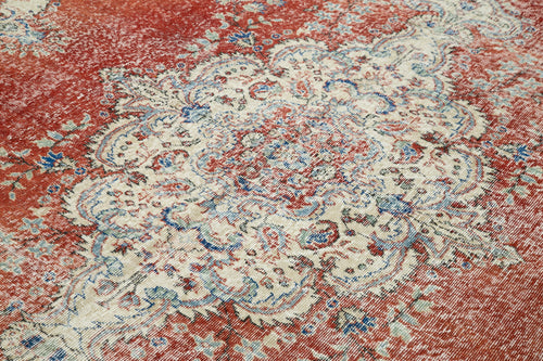 Vintage Kırmızı Eskitme Pamuk Yün El Dokuma Halısı 222x307 Agacan