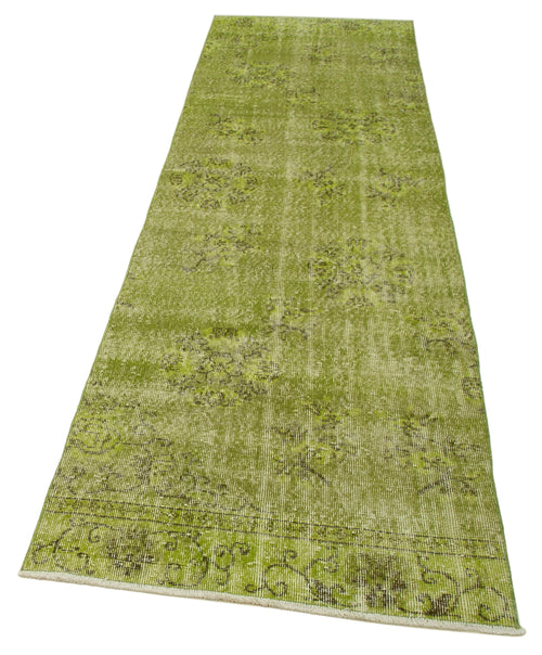 Overdyed Vintage Yeşil Eskitme Pamuk Yün El Dokuma Halısı 91x317 Agacan