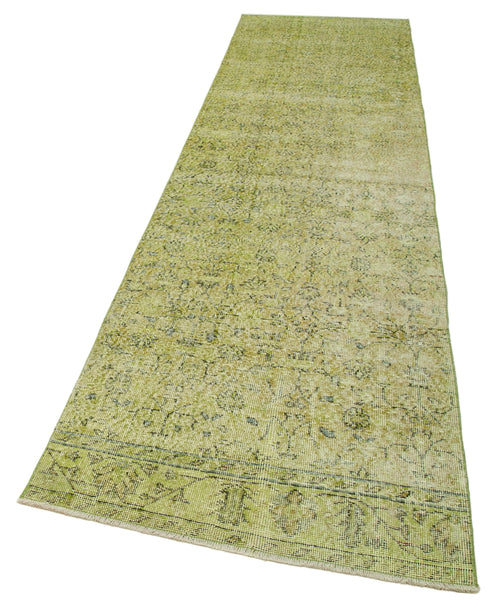 Overdyed Vintage Yeşil Eskitme Pamuk Yün El Dokuma Halısı 96x379 Agacan