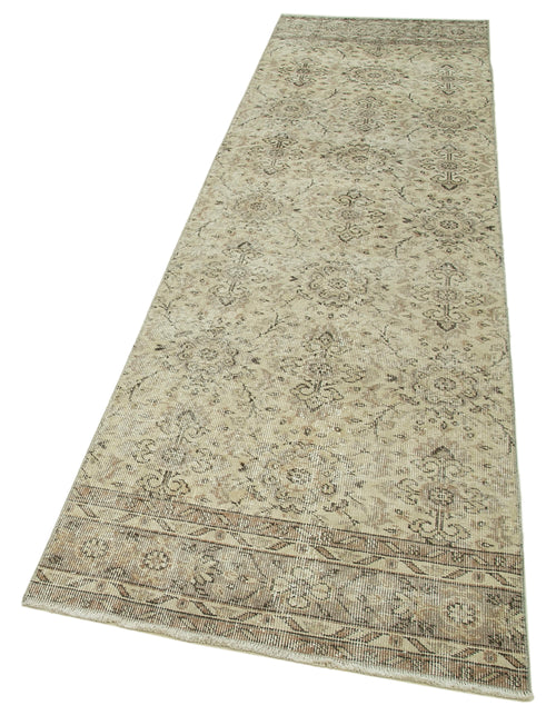 Overdyed Vintage Bej Eskitme Pamuk Yün El Dokuma Halısı 85x308 Agacan