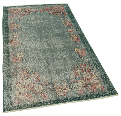 Overdyed Vintage Yeşil Eskitme Pamuk Yün El Dokuma Halısı 106x192 Agacan