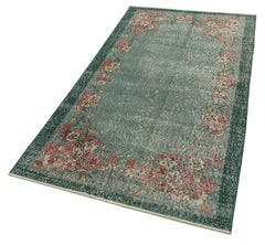 Overdyed Vintage Yeşil Eskitme Pamuk Yün El Dokuma Halısı 106x192 Agacan