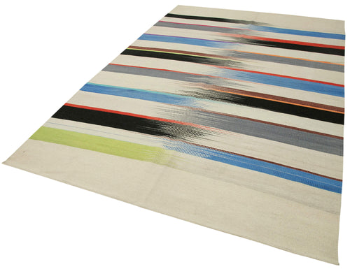 Degrade Kilim Beyaz Çizgili Pamuk Yün El Dokuma Halısı 184x279 Agacan