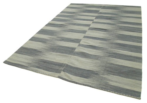Degrade Kilim Gri Çizgili Pamuk Yün El Dokuma Halısı 201x288 Agacan