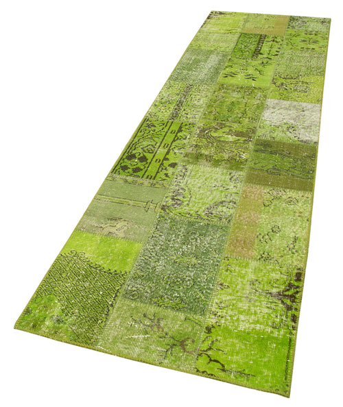 Kırk Yama Yeşil Patchwork Pamuk Yün El Dokuma Halısı 86x303 Agacan