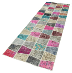 Kırk Yama Mavi Patchwork Pamuk Yün El Dokuma Halısı 90x308 Agacan