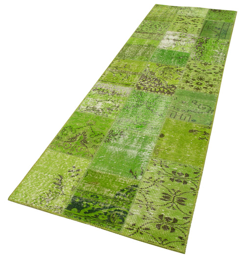 Kırk Yama Yeşil Patchwork Pamuk Yün El Dokuma Halısı 87x297 Agacan