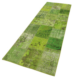 Kırk Yama Yeşil Patchwork Pamuk Yün El Dokuma Halısı 86x300 Agacan