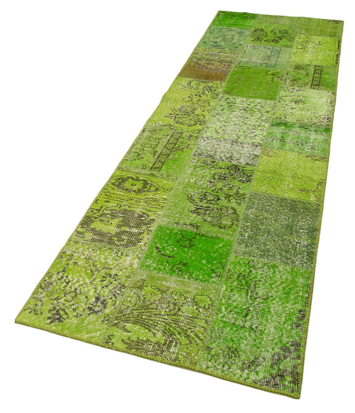 Kırk Yama Yeşil Patchwork Pamuk Yün El Dokuma Halısı 86x300 Agacan