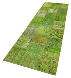 Kırk Yama Yeşil Patchwork Pamuk Yün El Dokuma Halısı 87x305 Agacan