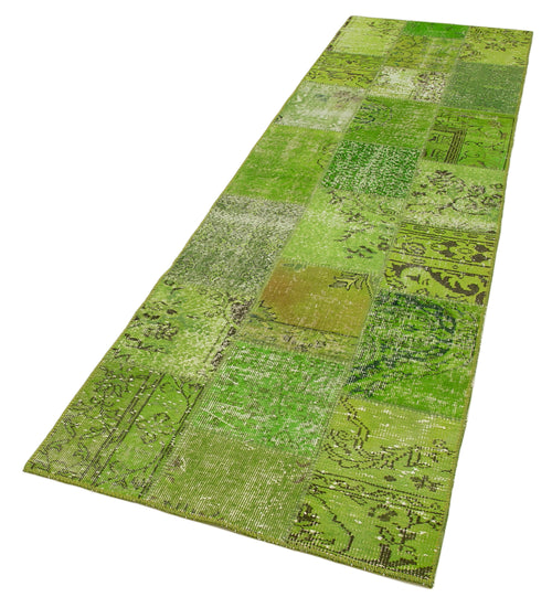 Kırk Yama Yeşil Patchwork Pamuk Yün El Dokuma Halısı 87x305 Agacan