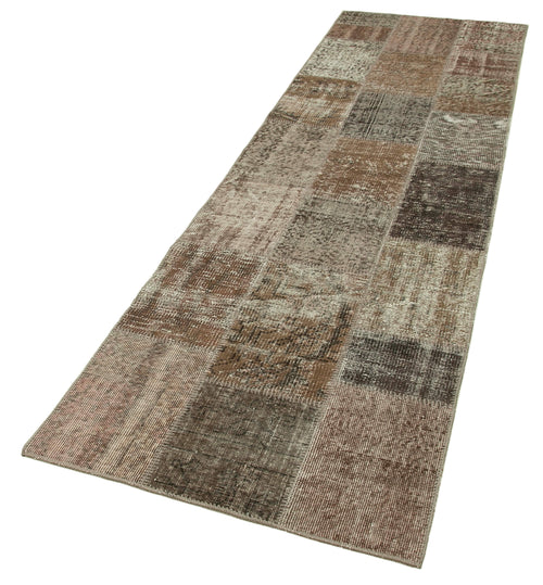 Kırk Yama Kahverengi Patchwork Pamuk Yün El Dokuma Halısı 86x304 Agacan